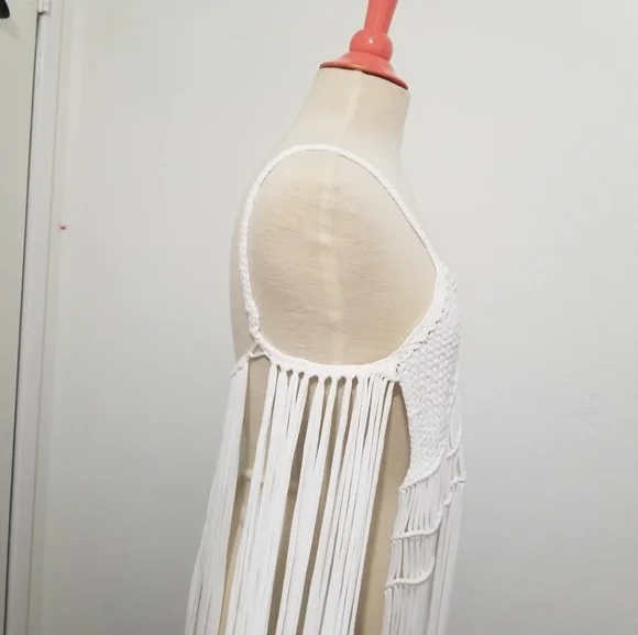 White Braided Fringe TOP, NWT, bohemian, boho, festival, swim cover up, crochet - Picture 5 of 8